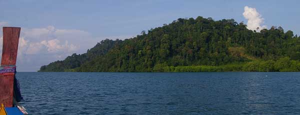 in boat heading towards rainforest trek thailand